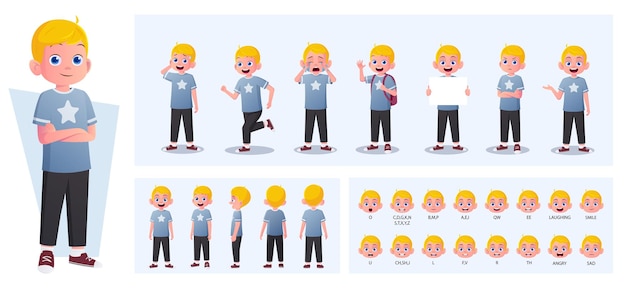 Vector cartoon blonde boy character constructor en animation pack met gebaren emoties en acties little boy side front rear view bewegbare delen voor animatie en lipsync vector illustratie