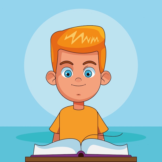 Cartoon blonde boy with opened book