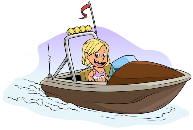 Cartoon blonde girl character on brown motor boat