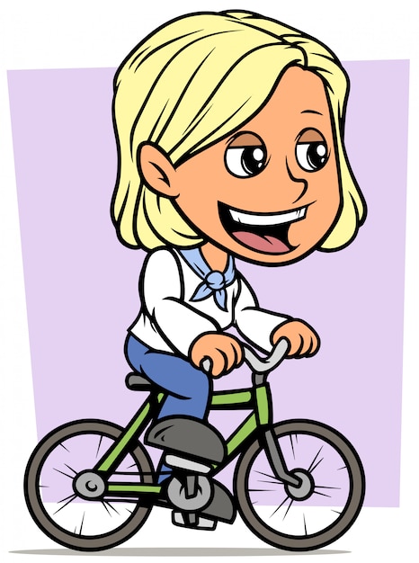 Vector cartoon blonde girl character riding on bicycle