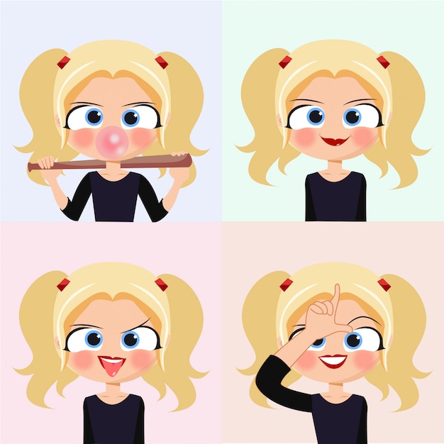 Cartoon Blonde Girl Face Emotions Smile Crazy