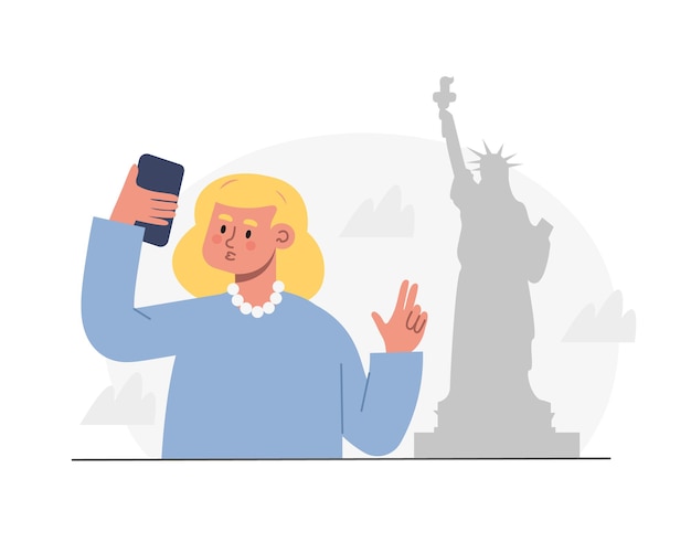 Vector cartoon blonde girl tourist taking selfies against statue of liberty visiting sightseeing during holidays time for traveling abroad vector flat style illustration
