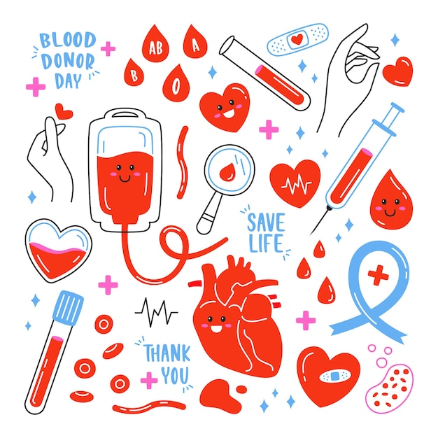 Cartoon blood donation flat illustrations set Heart internal organ test tubes with plasma injections and blood examination Healthcare design elements