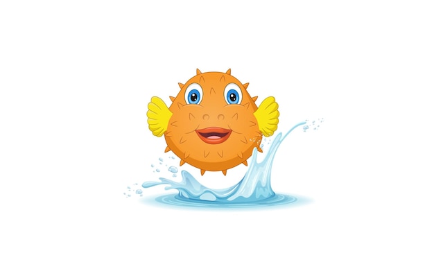 A cartoon blowfish is jumping out of the water.