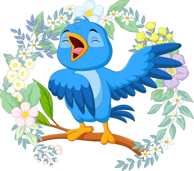 Vector cartoon blue bird singing on tree branch