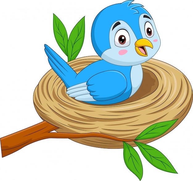 Vector cartoon blue bird sitting in a nest