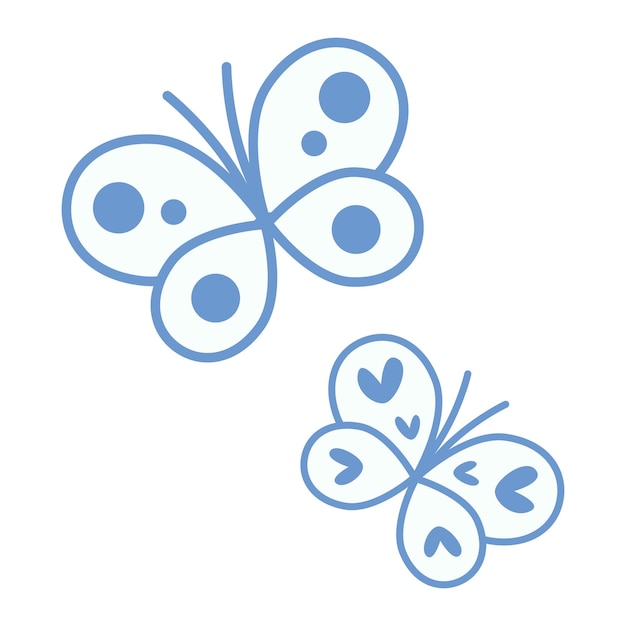 Cartoon blue butterflies with hearts on wings and circles Cute line drawn character for kids design