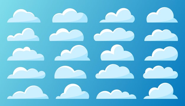 Cartoon blue cloud flat set. Weather symbol for game app website interface, card, meteorology banner