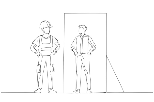 Cartoon of blue collar worker looking into businessman version of self in the mirror one line art style