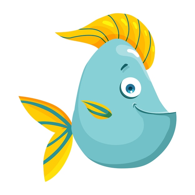 Мультяшная синяя комическая рыба, изолированная на белом фоне морское животное океана улыбается premium векторы