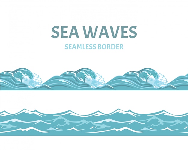 Vector cartoon blue sea and waves seamless border.