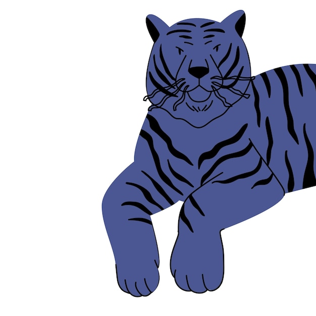 Cartoon blue tiger A wild animal of the feline family handdrawn A colorful symbol of the year  Vector illustration on a white isolated background An element for your design