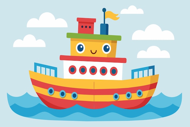 Vector a cartoon boat with a smiling face is sailing in the ocean