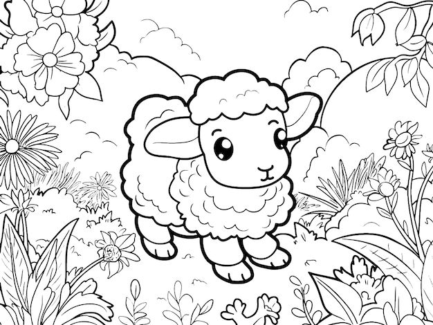 Cartoon boerderij dier schapen in de tuin kinderen kleurboek generatieve ai