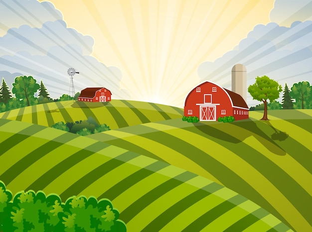 Cartoon boerderij veld groen zaaiveld, rode schuur op een groen boerenveld