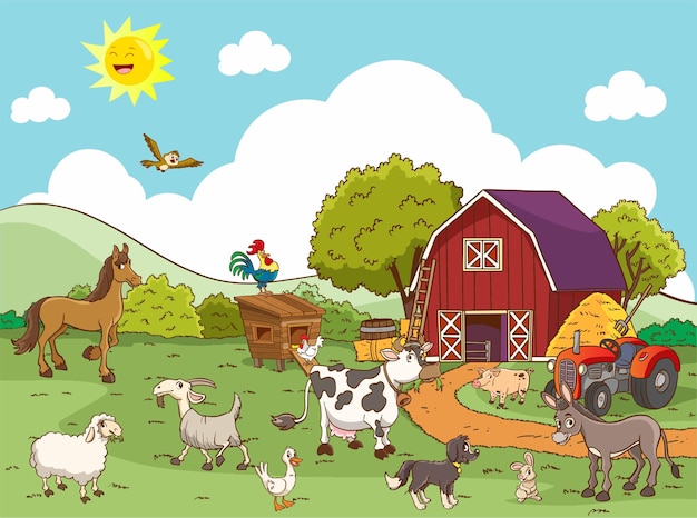 Cartoon boerderijdieren op de achtergrond van de landbouw