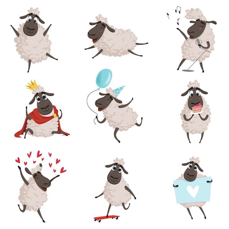 Vector cartoon boerderijdieren, schapen spelen en verschillende acties maken