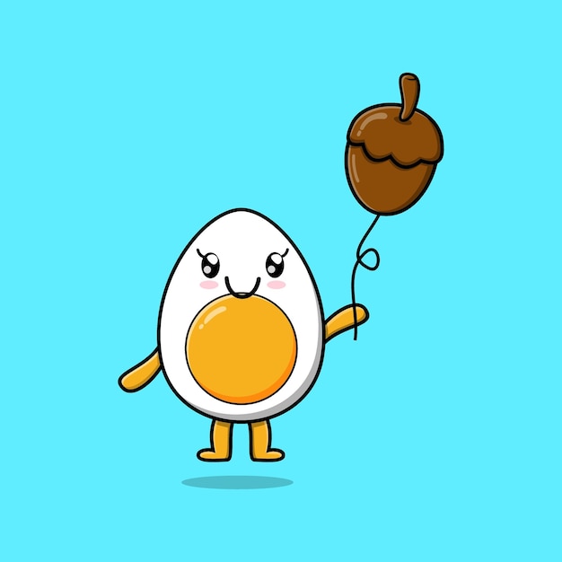 Cartoon boiled egg floating with acorn balloon