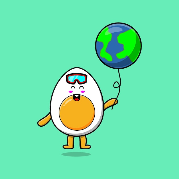 Cartoon boiled egg floating with earth balloon