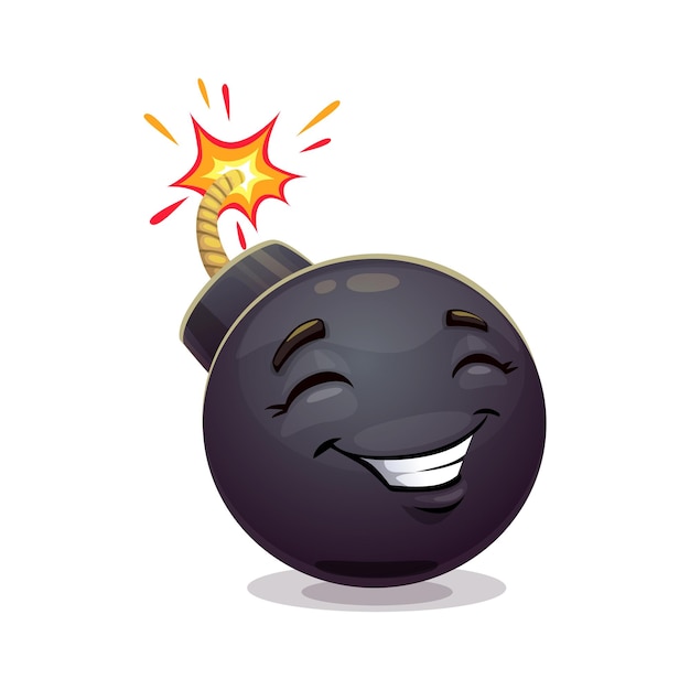 Vector cartoon bomb character explosive weapon personage with a glowing smile and a lit fuse exuding a playful and mischievous personality isolated vector adorable tnt happy emoji face