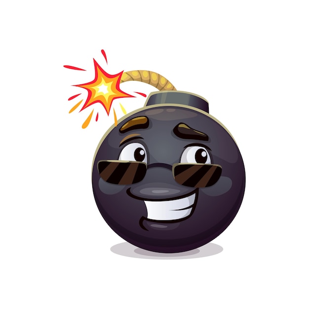 Vector cartoon bomb character explosive weapon personage with a wide smile and burning fuse wearing sunglasses isolated vector cool and cheerful tnt ball happy emoji brings a playful and energetic vibe