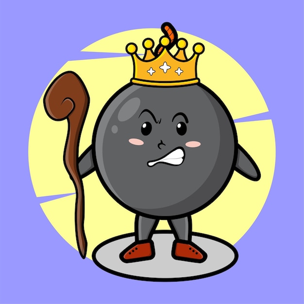 Cartoon bomb mascot as wise king with golden crown and wooden stick cute style design