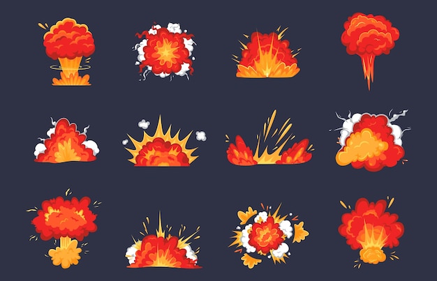 벡터 만화 폭탄 파동 폭발 폭발과  효과 전력 기호 슈퍼 히어로 만화 폭발 화재 원자 폭발과 연기가  터 세트