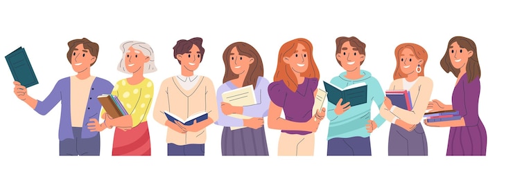 Вектор мультяшные читатели книг персонажи люди группы чтения книг векторные символы набор иллюстраций