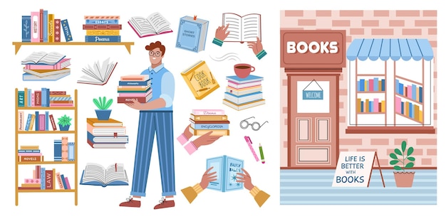 Vector cartoon book store elements happy guy in library chooses interesting textbooks cute reader character with literature stack vector set
