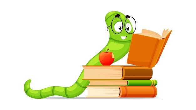 Vector cartoon bookworm character reading book worm