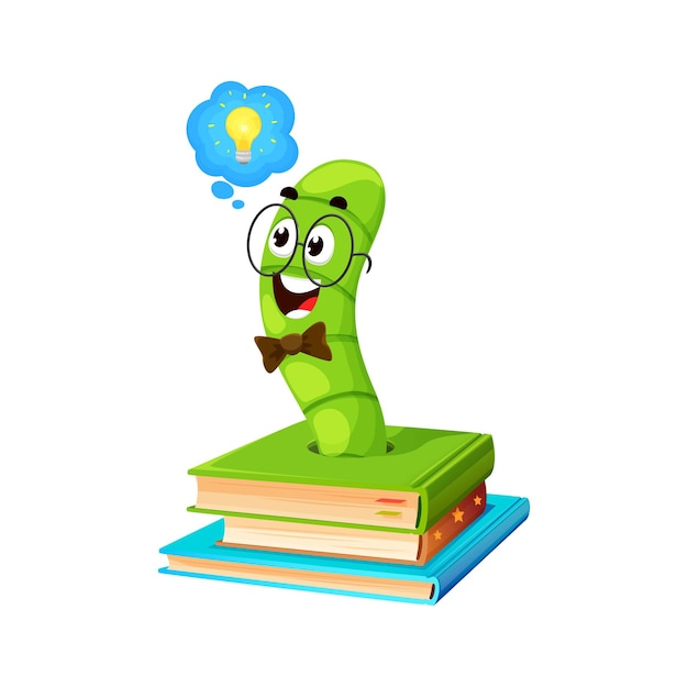 Cartoon bookworm character with light bulb idea