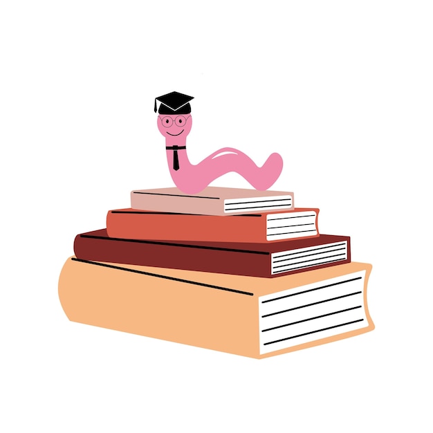 Cartoon bookworm in a square academic cap and tie on a stack of books