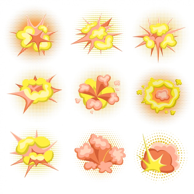 Vector cartoon boom. set of fire bomb explosions in comic style.  illustration, .