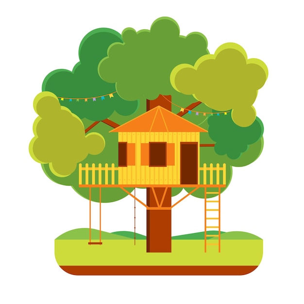 Cartoon boomhut buiten zomer kid home plat designstijl. vector illustratie