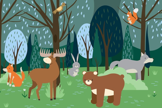 Vector cartoon bos dieren wilde beer grappige eekhoorn en schattige vogels op bossen bomen kinderen vector achtergrond afbeelding eps