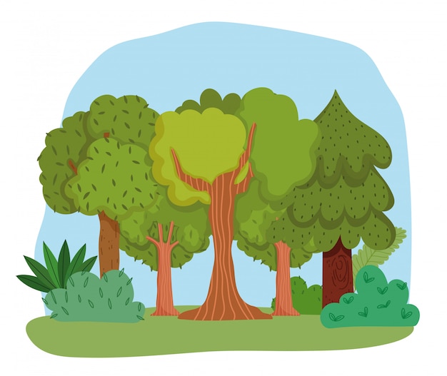 Cartoon bos met struiken en bomen