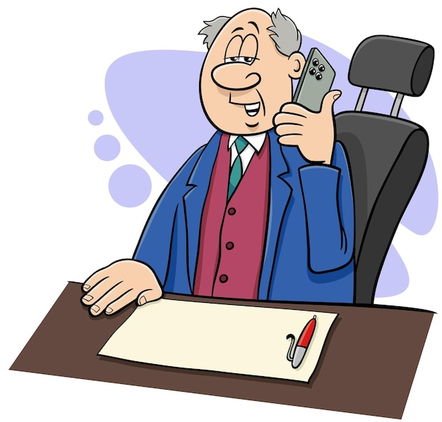 Vector cartoon boss or businessman behind the desk with phone