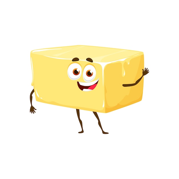 Cartoon boter keto dieet voedsel karakter natuurlijke voeding vrolijke mascotte gezonde voeding zuivelproduct geïsoleerde vector komische karakter of keto dieet stuk boter gelukkig lachend personage