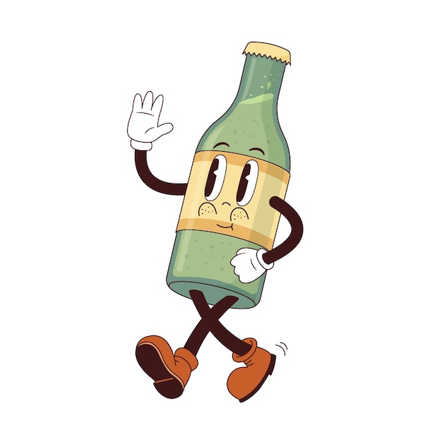 Cartoon bottle character in retro 70s groove style Vintage beer or lemonade mascot