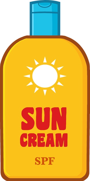Protezione solare bottiglia cartone animato con crema solare testo. illustrazione vettoriale