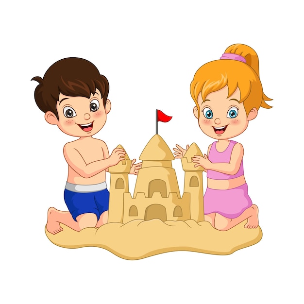 Мультяшный мальчик и девочка строят замки из песка на пляже