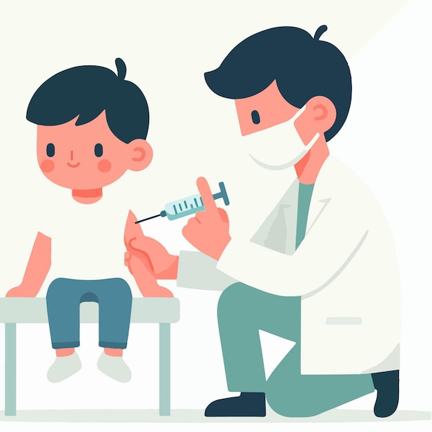 Vector cartoon boy being immunized by a doctor in flat design style