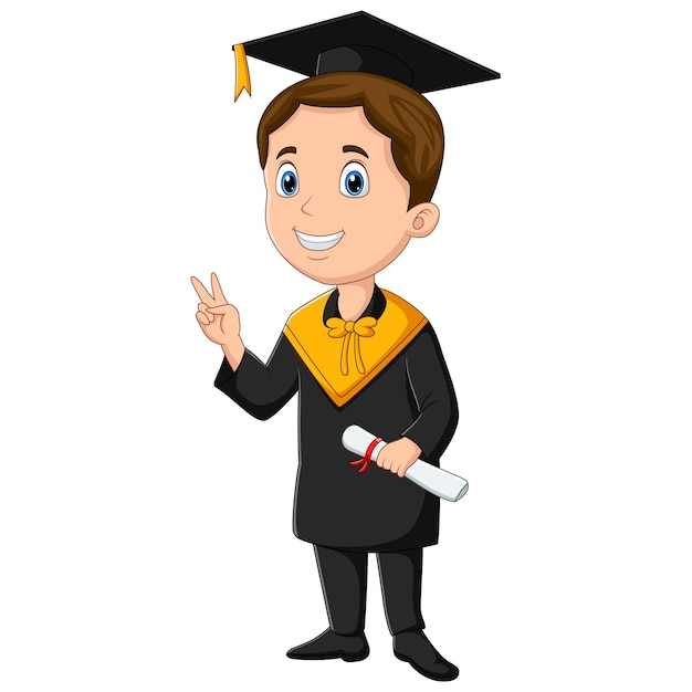 Cartoon boy in black gown holding a diploma