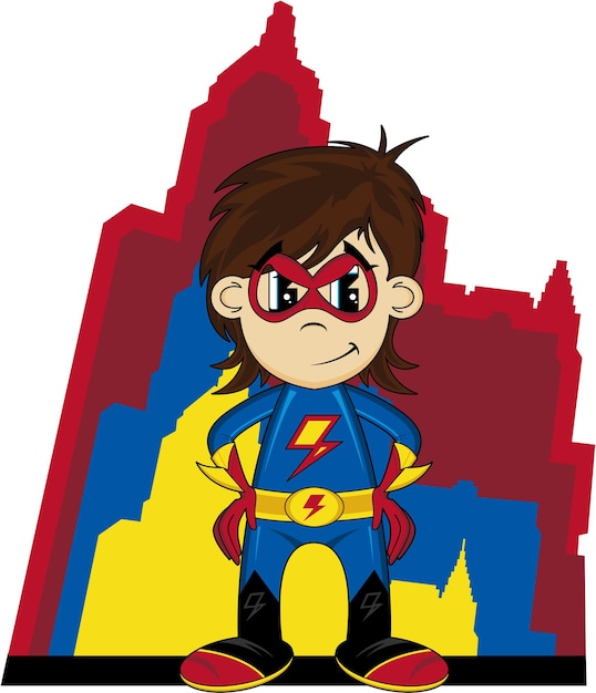 A cartoon boy in a blue and yellow superhero costume stands in front of a cityscape.