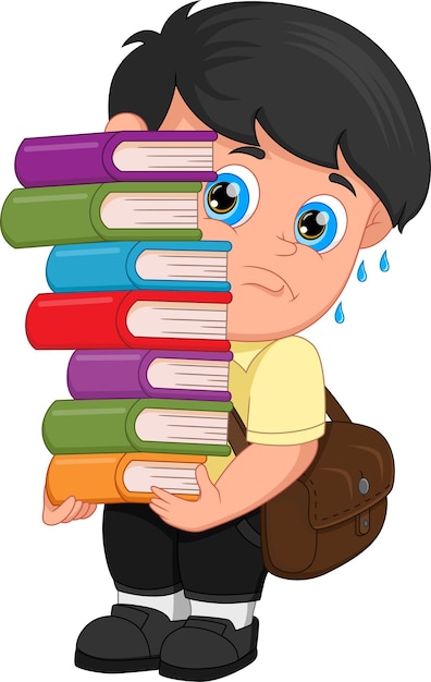 Vector cartoon boy carrying a lot of books