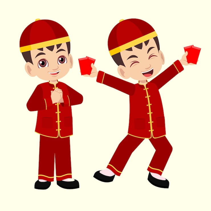 Vector cartoon boy celebrating chinese new year