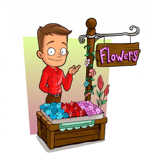 Cartoon boy character and flowers shop market