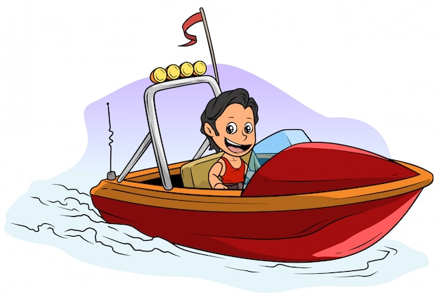 Мальчик персонаж мультфильма на красной моторной лодке