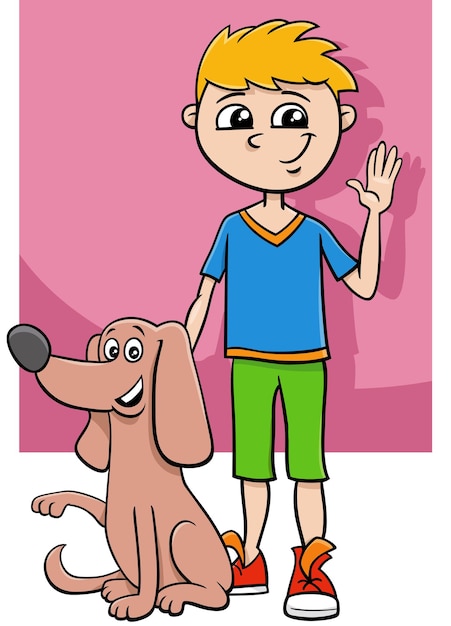 Vector cartoon boy character with his pet dog