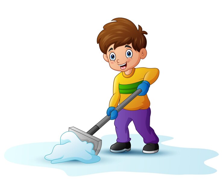 वेक्टर cartoon boy cleaning snow using a shovel